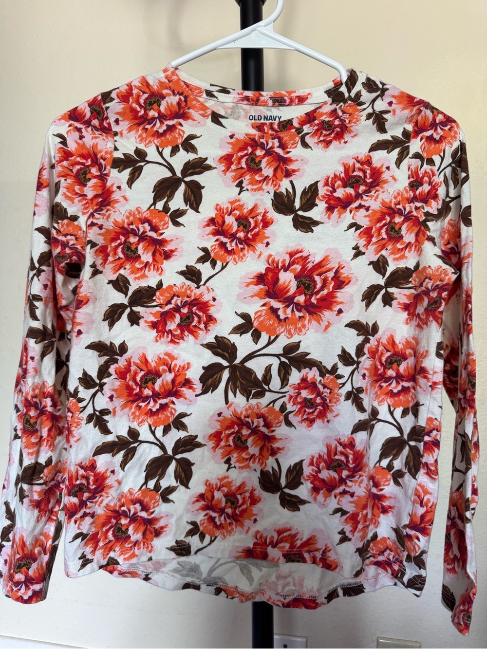 Old Navy White Long-Sleeve Floral Tee with Orange-Coral Blooms